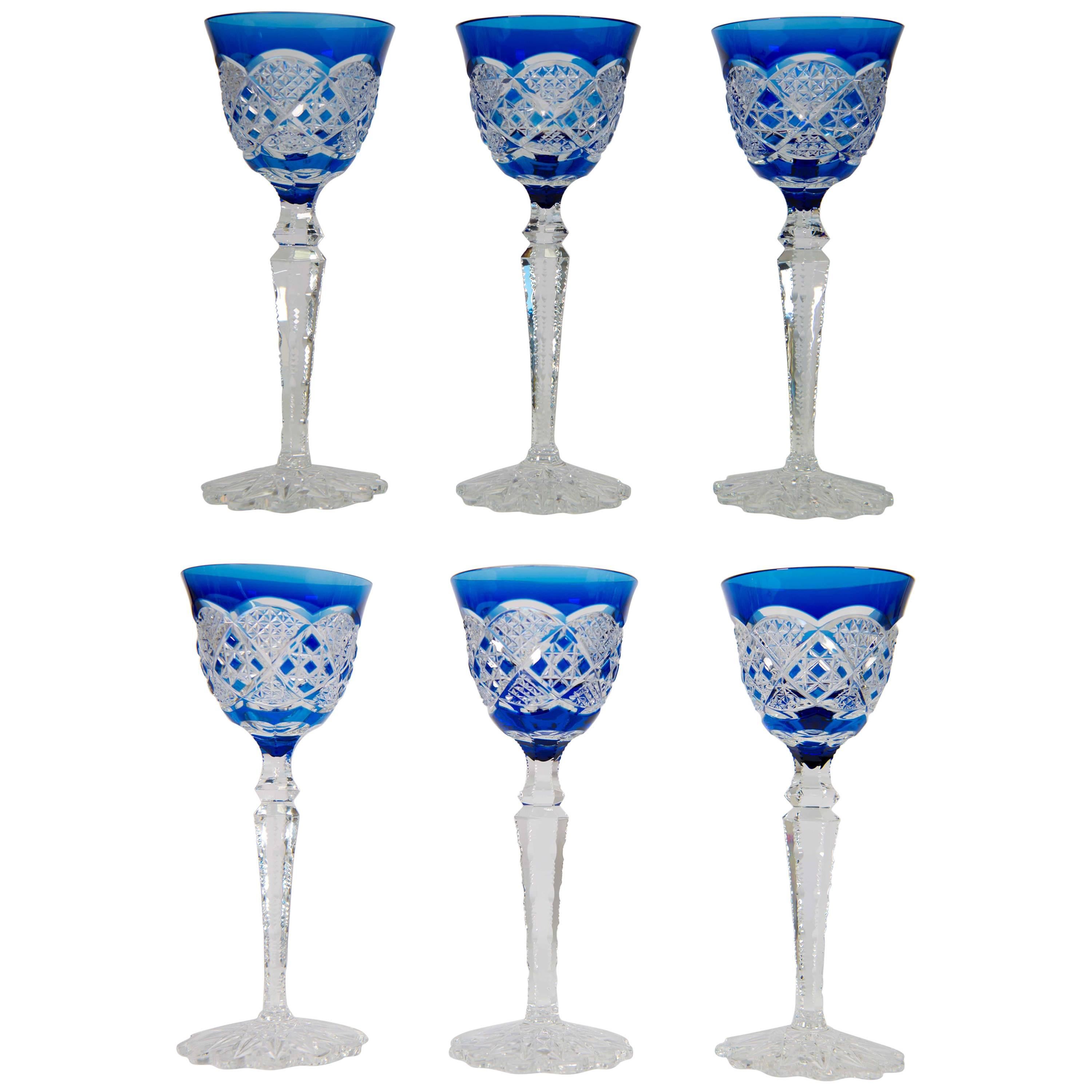 Set of Six Cobalt Blue Val Saint Lambert Glasses in Crystal Made in Belgium