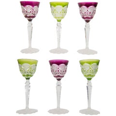 Set of Six Green and Purple Val Saint Lambert Glasses in Crystal Made in Belgium