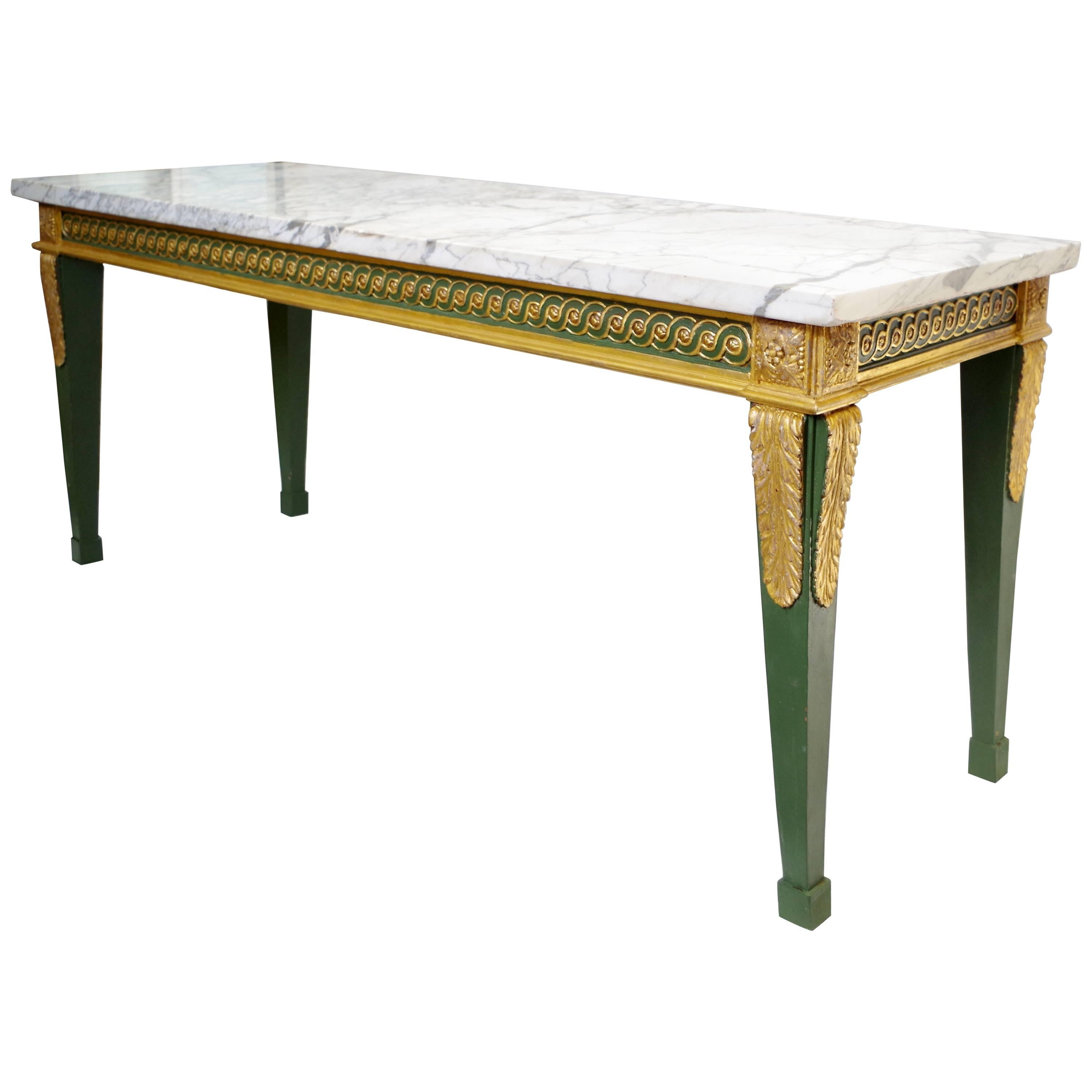 Louis XVI Style Console Table in Green Lacquered and Gilded Wood, 19th Century