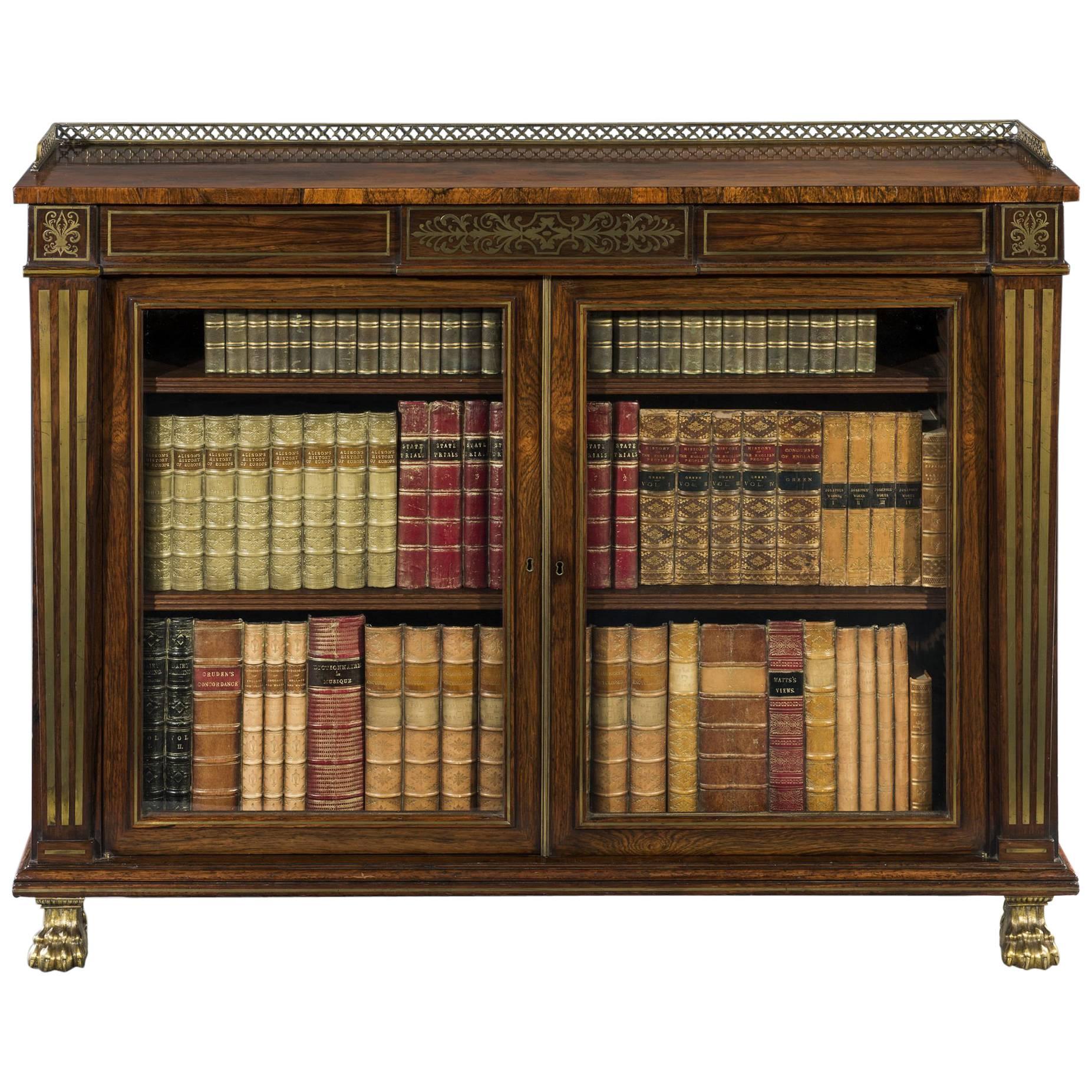 Early 19th Century Regency Period Rosewood and Brass Inlaid Dwarf Bookcase For Sale