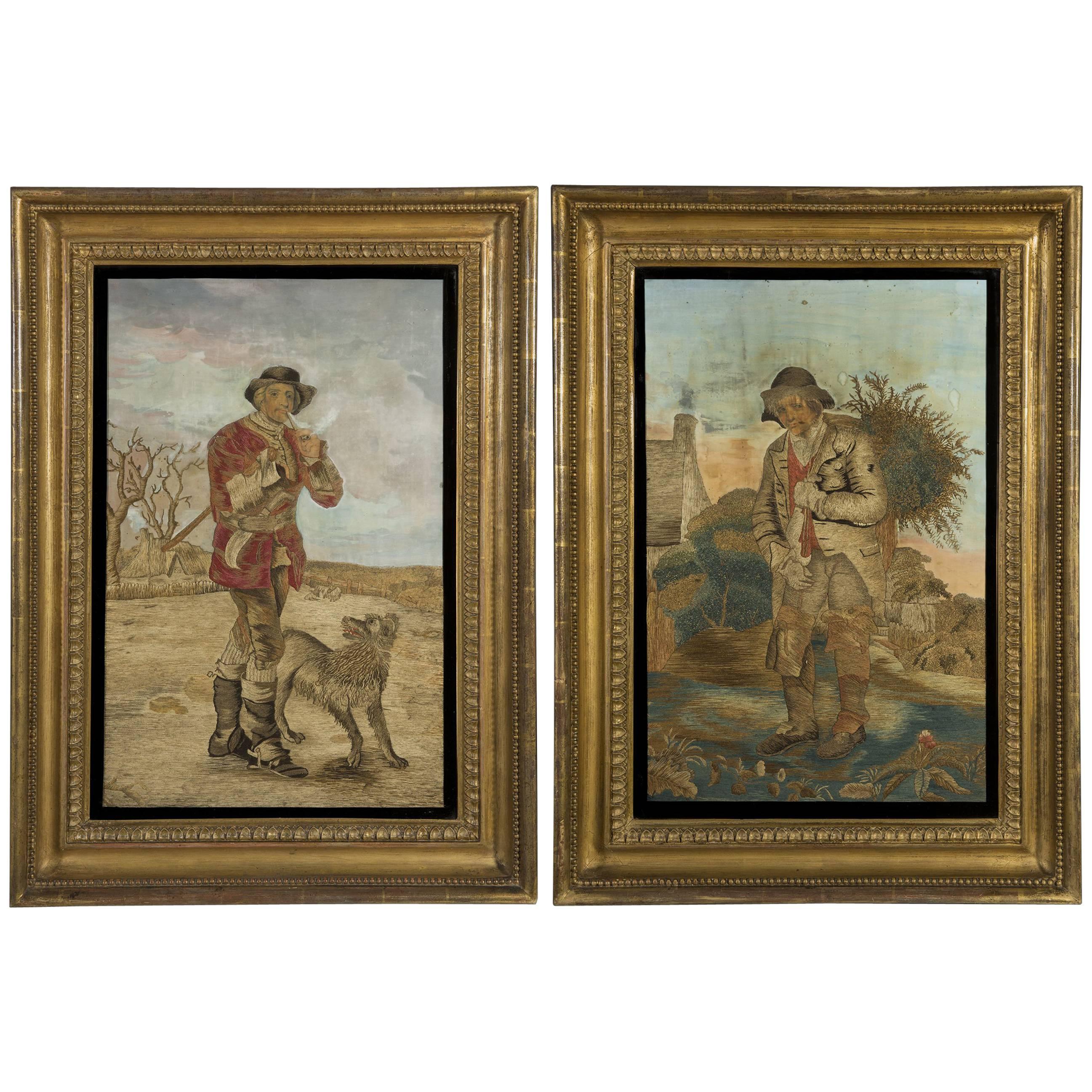 Pair of Embroidery & Needlework Pictures of "The Woodman and "The Furze Cutter"