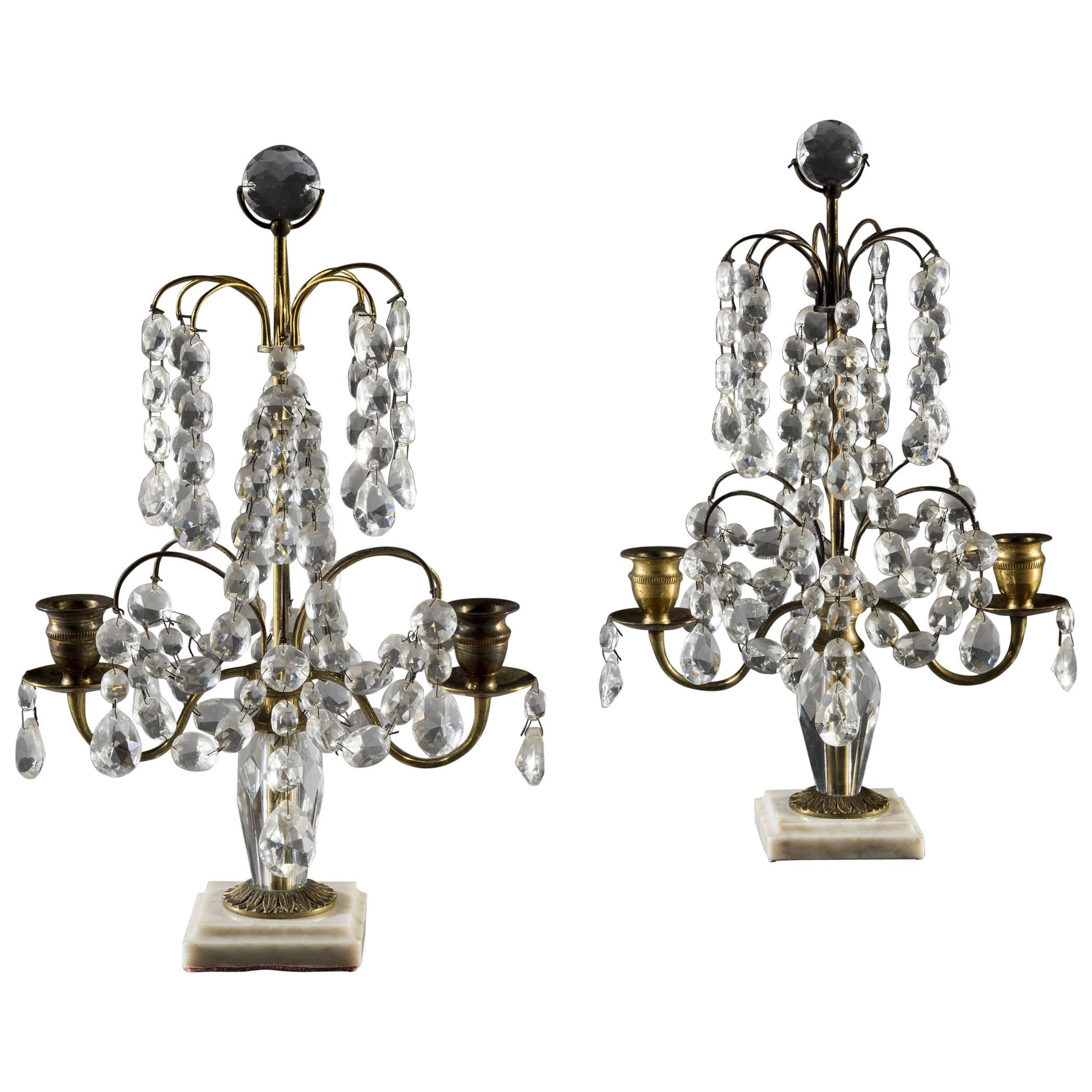 Pair of Victorian Cut-Glass Candelabra Candlesticks on Marble Bases