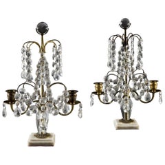 Antique Pair of Victorian Cut-Glass Candelabra Candlesticks on Marble Bases