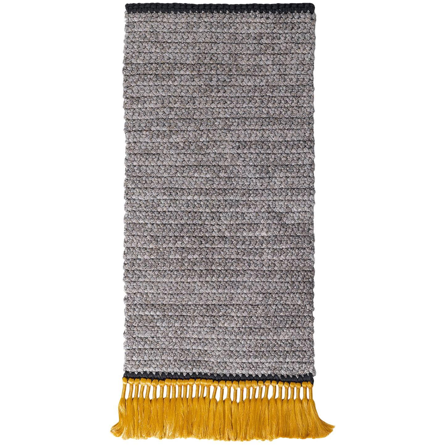 Grey and Gold Handmade Crochet Cotton and Polyester Thick Luxurious Textile Rug