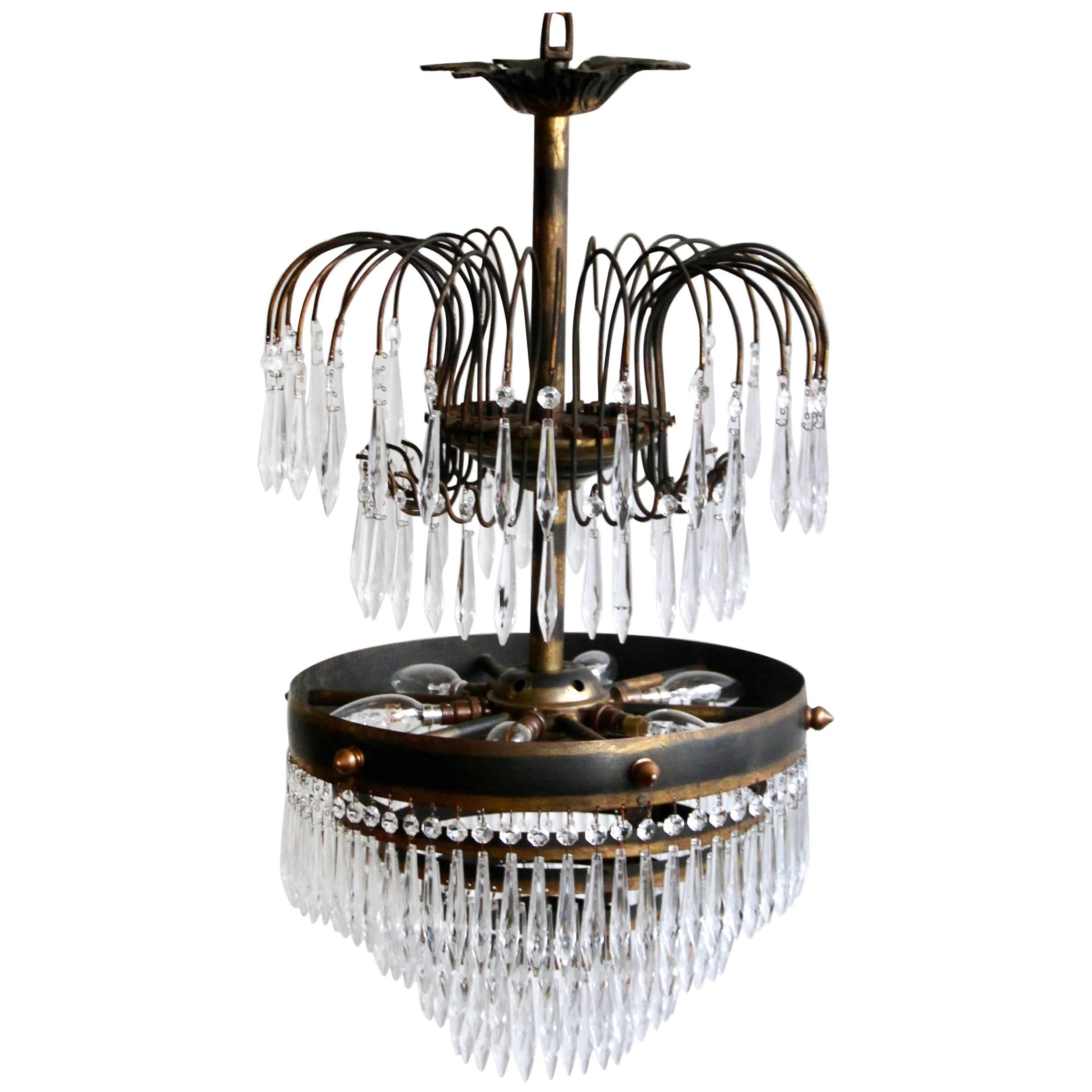 Early 20th Century Waterfall Chandelier Dressed in Glass Icicle Drops