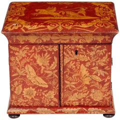 Early 19th Century Regency Period Gilt Red Japanned Penwork Sewing Cabinet