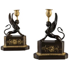 Early 19th Century Regency Period Bronze and Ormolu Griffins Candlesticks