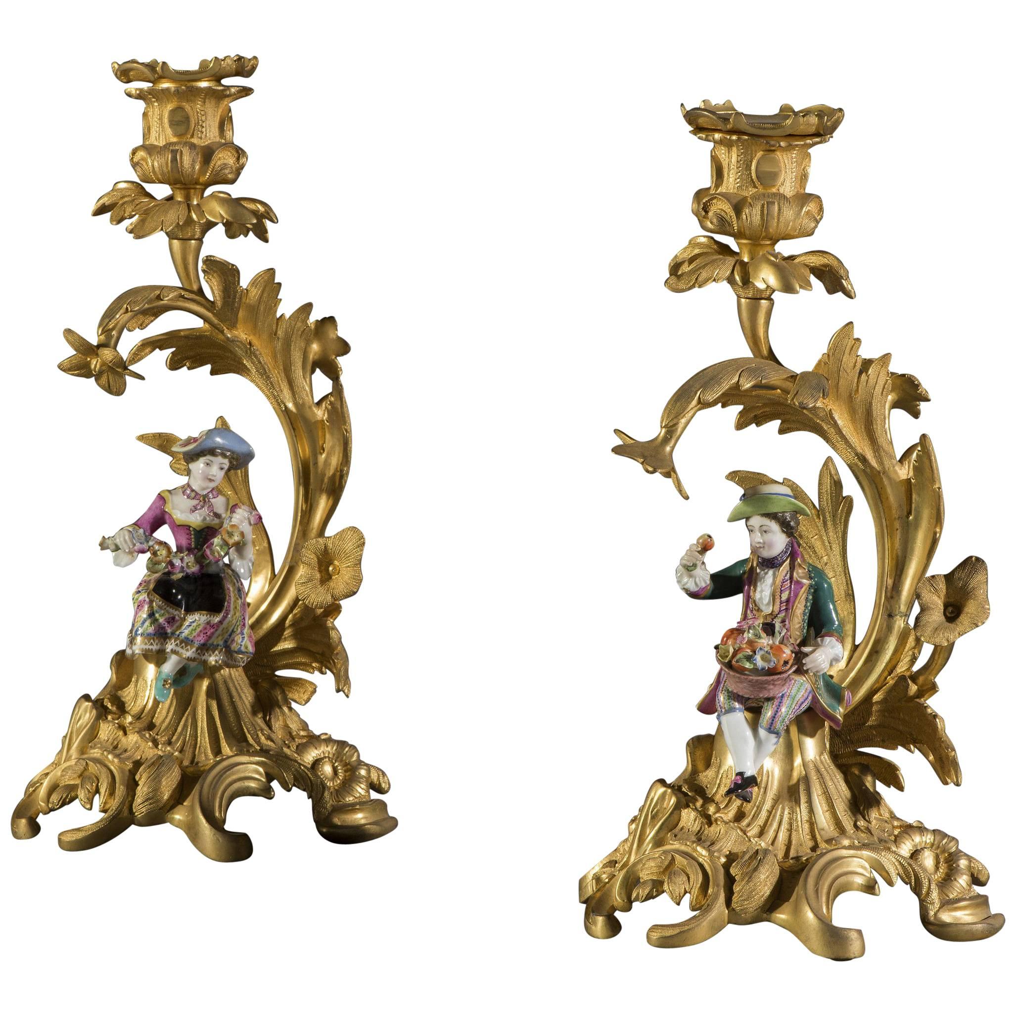 Pair of 19th Century Minton Bone China and Gilt Metal Mounted Candlesticks