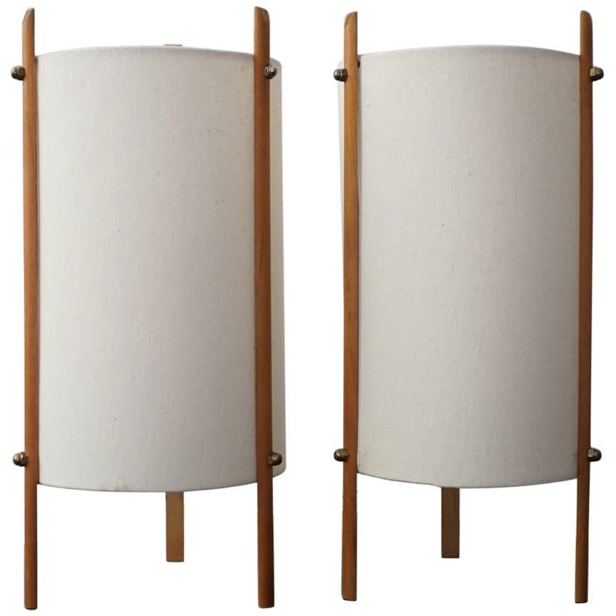 Pair of 1950s Japanese Tripod Cylinder Table Lamps
