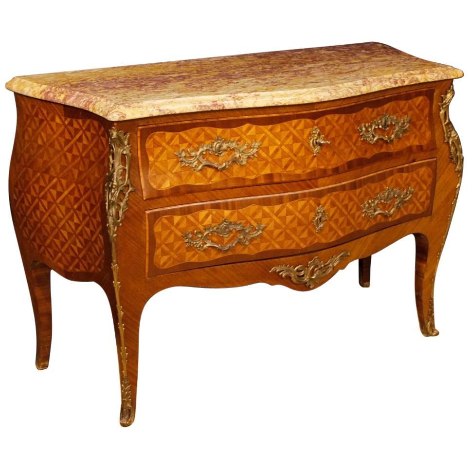 French Inlaid Dresser in Rosewood and Mahogany with Marble Top in Louis XV Style
