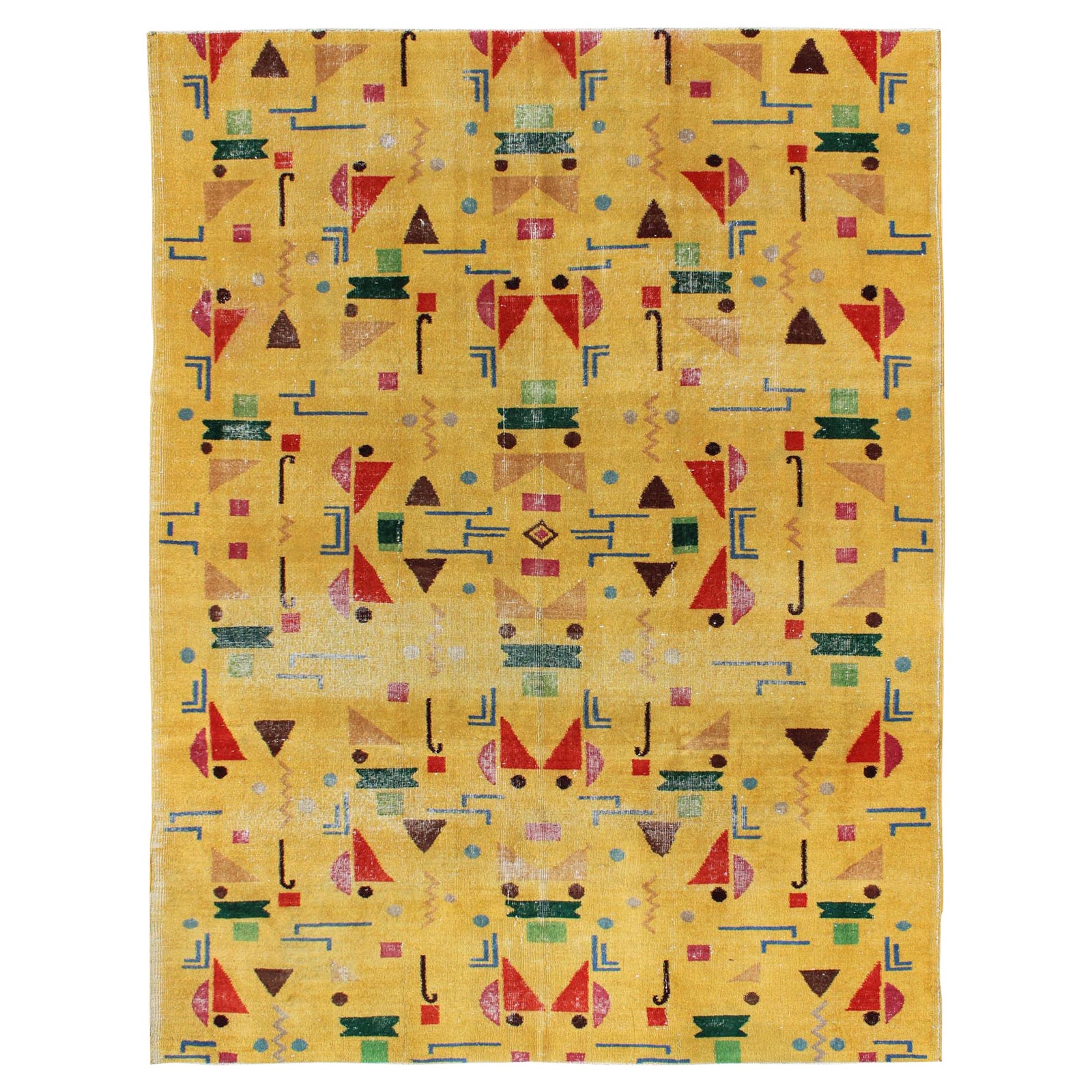 Tapis de Turquie moderne du milieu du siècle, tapis au design moderne vintage et vintage de couleur jaune