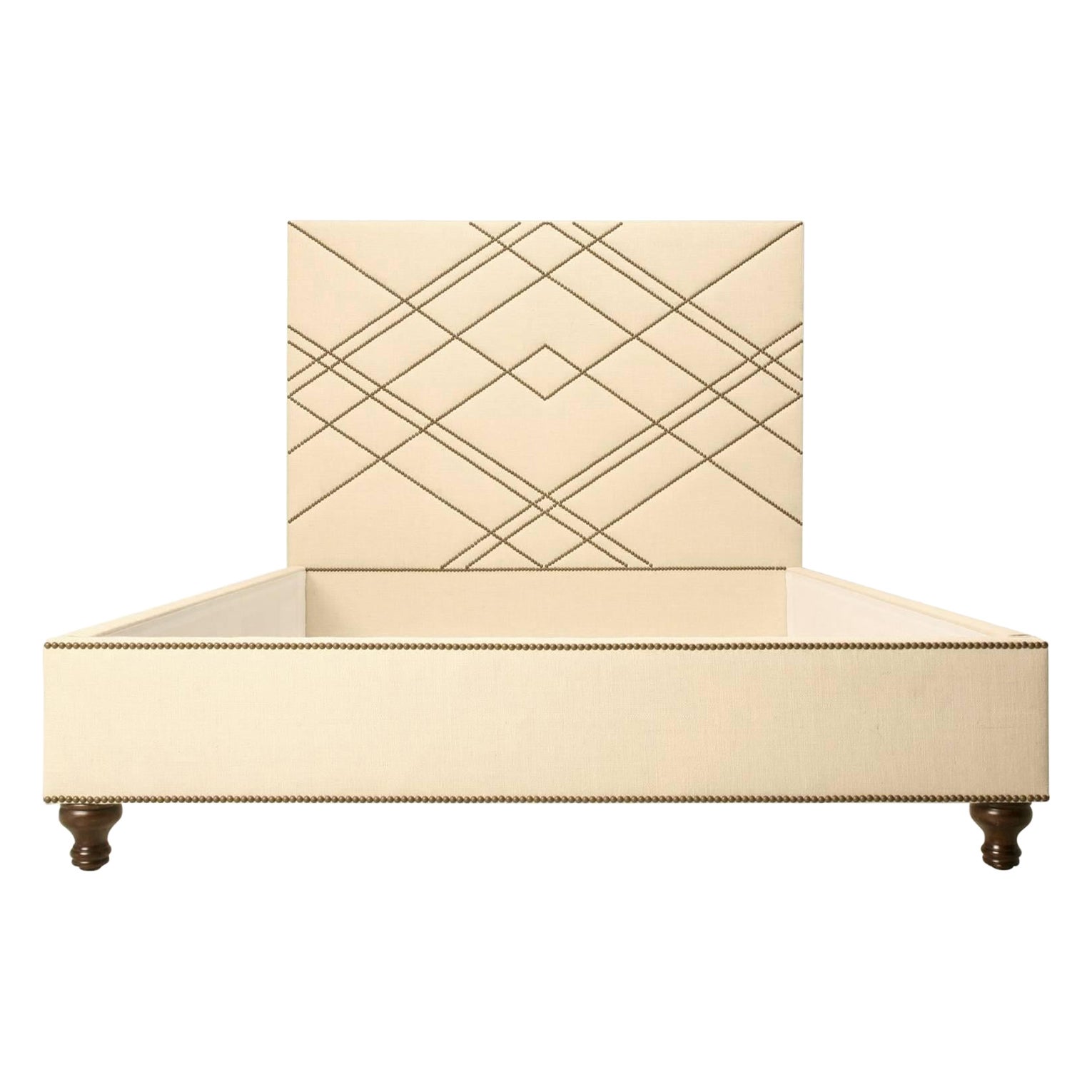 Custom Made Upholstered Bed, Bronze Nail Head Geometric Design Optional Sizes