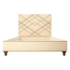 Custom Made Upholstered Bed, Bronze Nail Head Geometric Design Optional Sizes