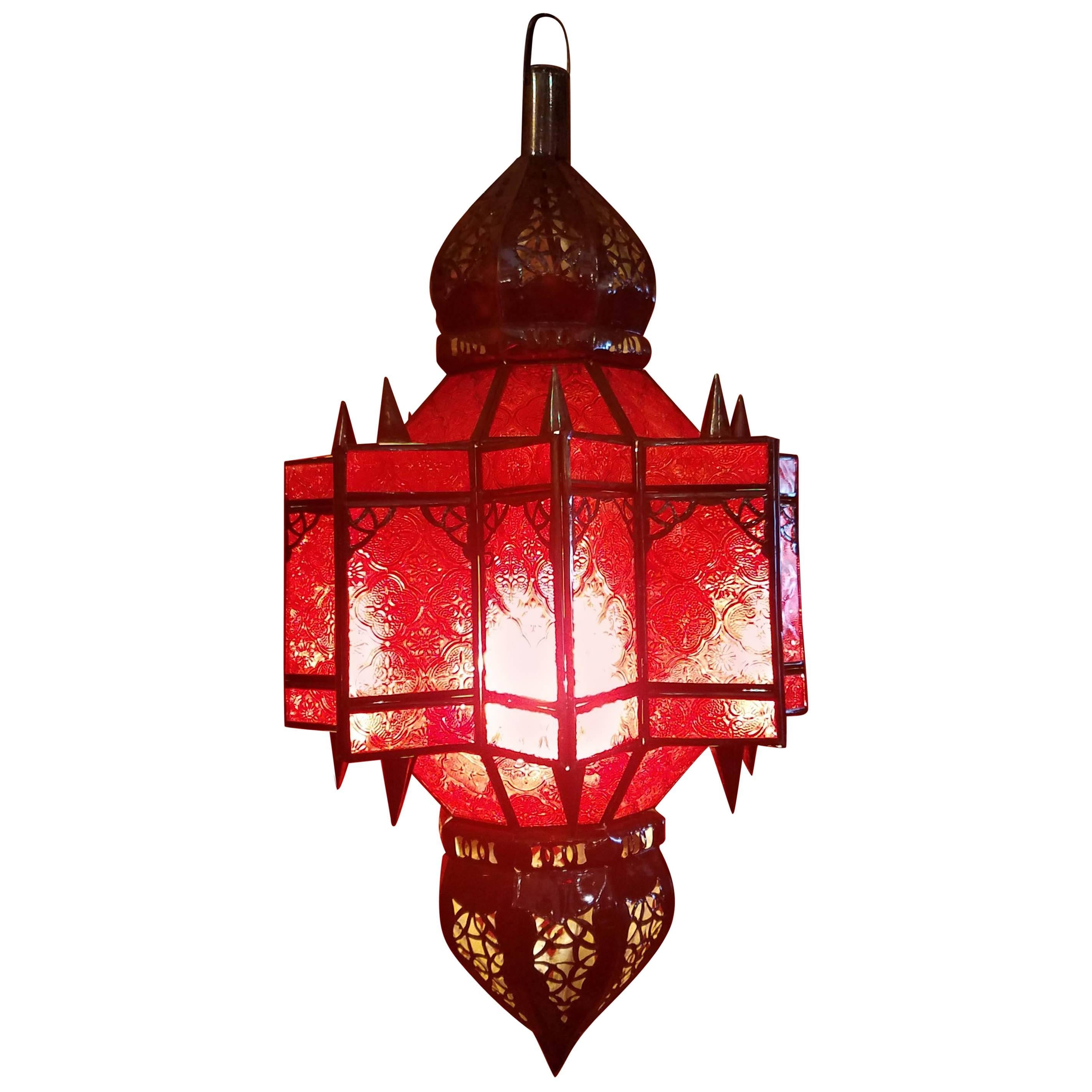 Moroccan Glass Lantern, Makki Style, Red Glass For Sale