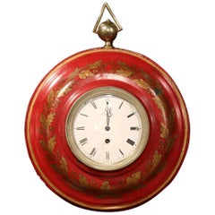 19th Century, French Napoleon III Red Painted Tole Wall Clock with Laurel Wreath