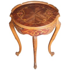 French Carved Yew Wood and Mahogany Floral Marquetry Inlaid Tea Table