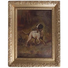 Antique English Oil on Canvas Hunting Scene of Dog 'Spaniel' with Bird