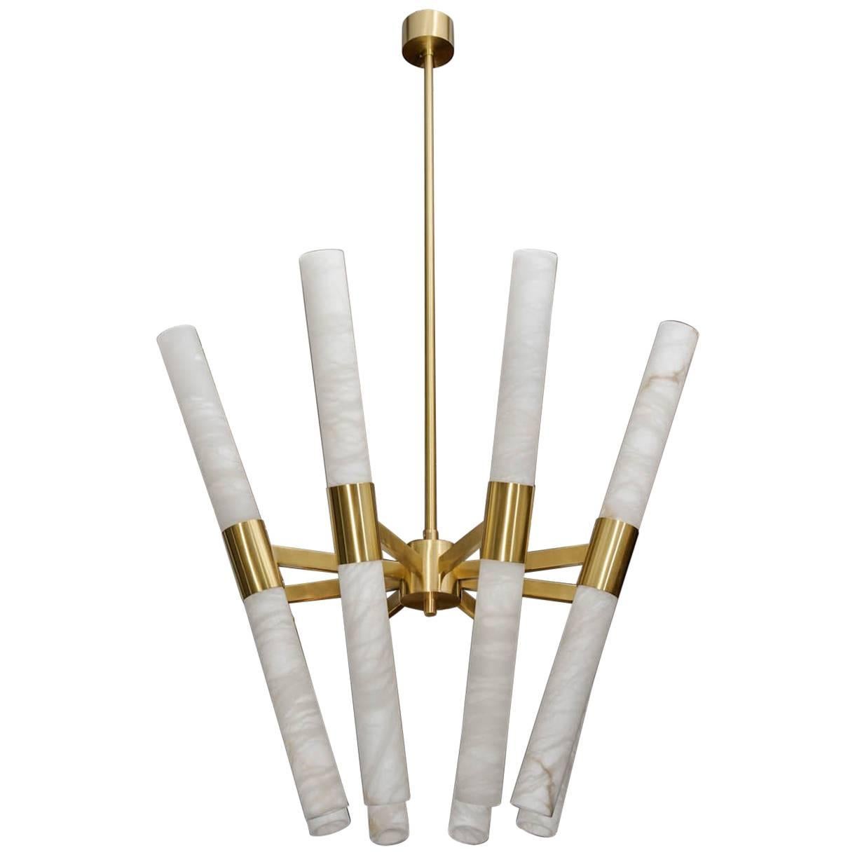 Glustin Luminaires Creation Satin Brass and Tilted Alabaster Rods Chandelier For Sale