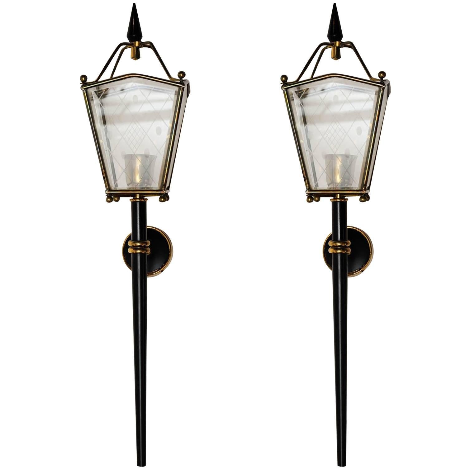 Pair of Black Metal, Brass and Glass Lantern Wall Sconces