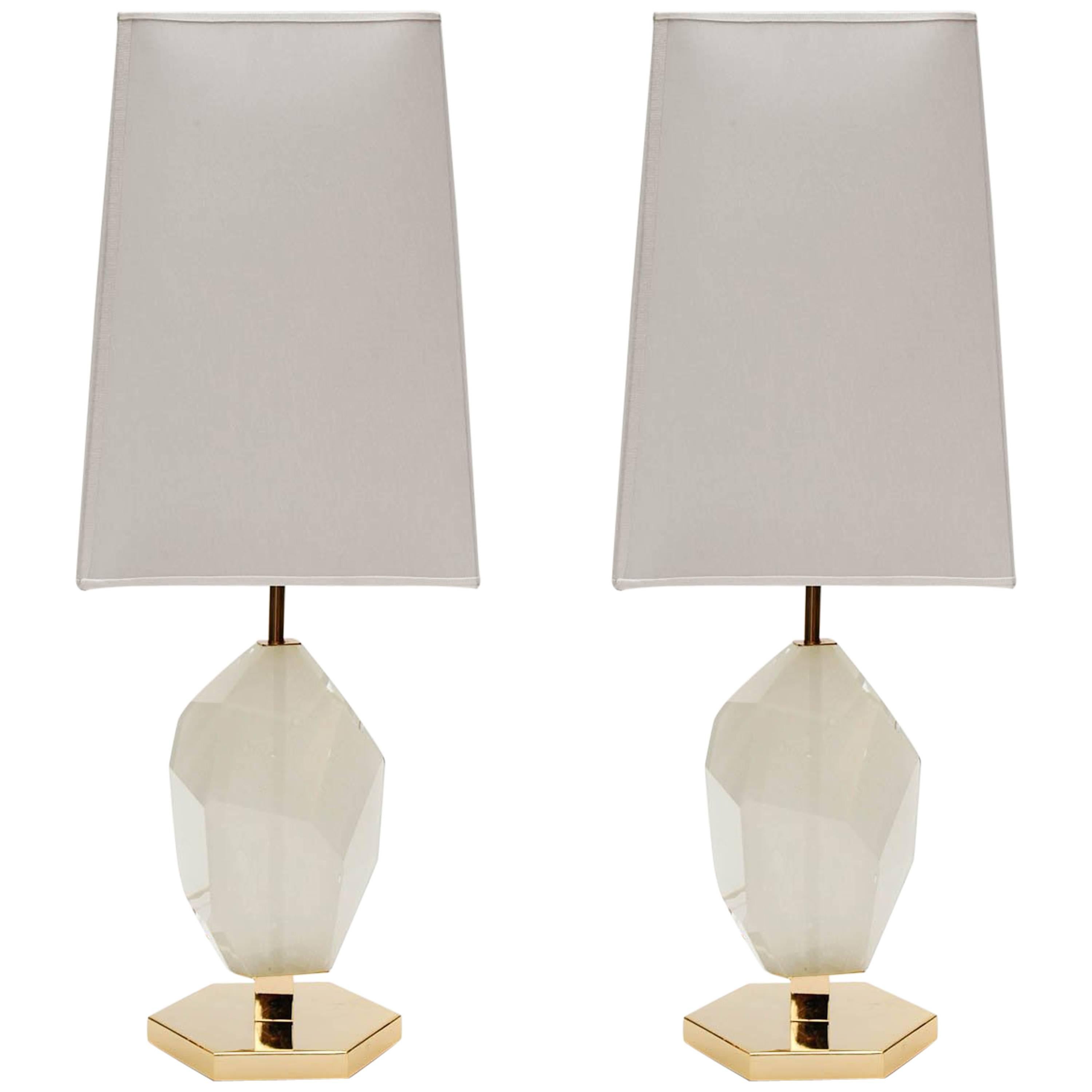 Pair of Brass and Diamond Cut Resin Table Lamps