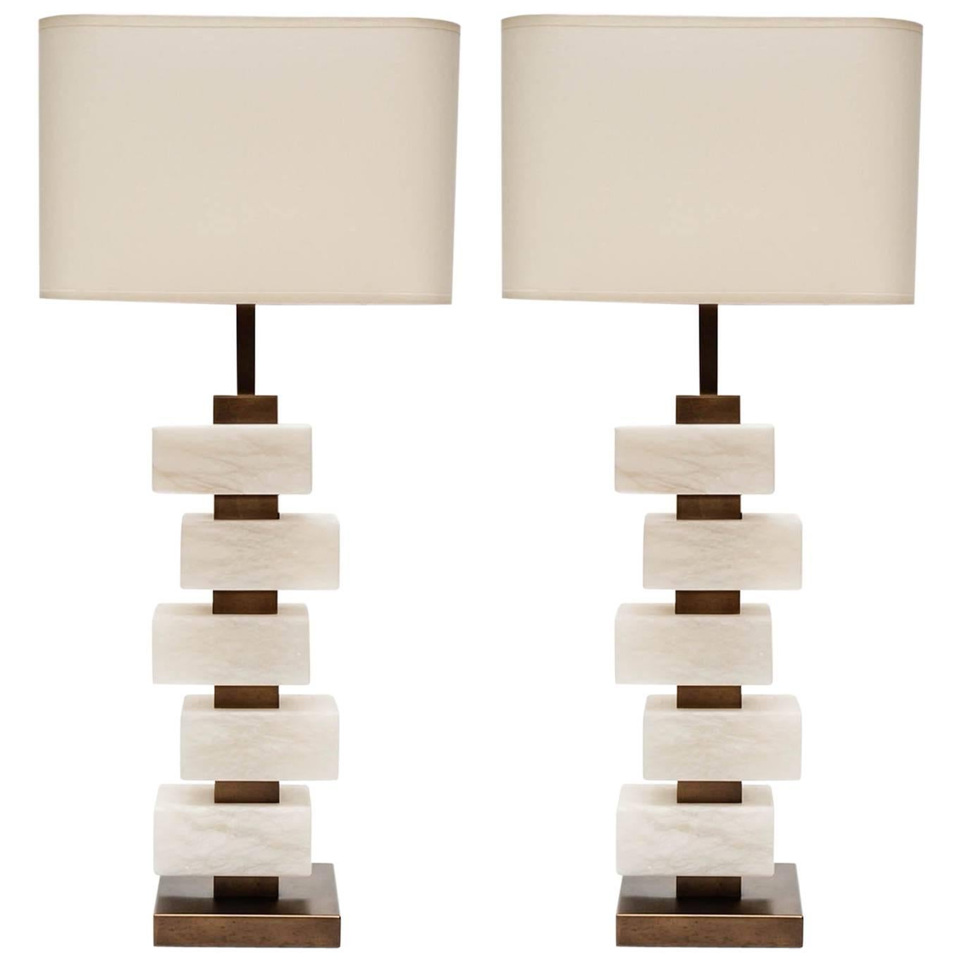 Glustin Luminaires Creation Pair of Brass and Alabaster Bricks Table Lamps