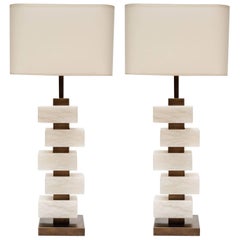 Glustin Luminaires Creation Pair of Brass and Alabaster Bricks Table Lamps