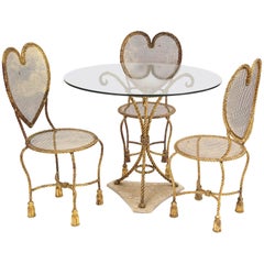 Italian Gilt Metal Heart Back Hollywood Regency Tassel Rope Dining Set