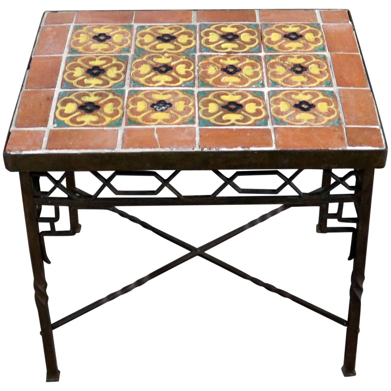 Art Deco Wrought Iron and Tile Side Table California Style Tiles