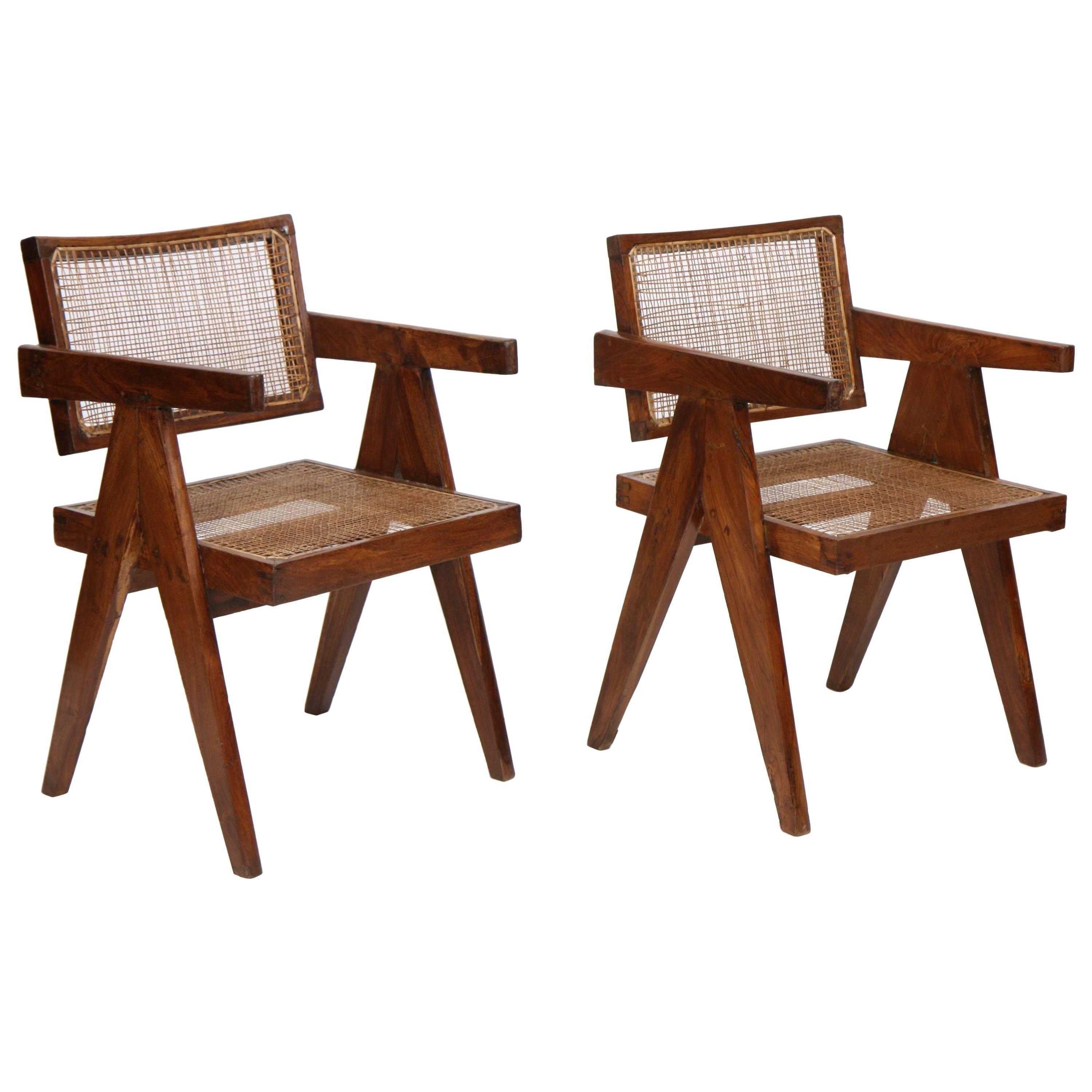 Pair of "Elegant Office Cane Chairs" by Pierre Jeanneret