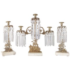 Three-Piece Figural Gilt Girandole Candelabra, Maiden in Countryside Setting