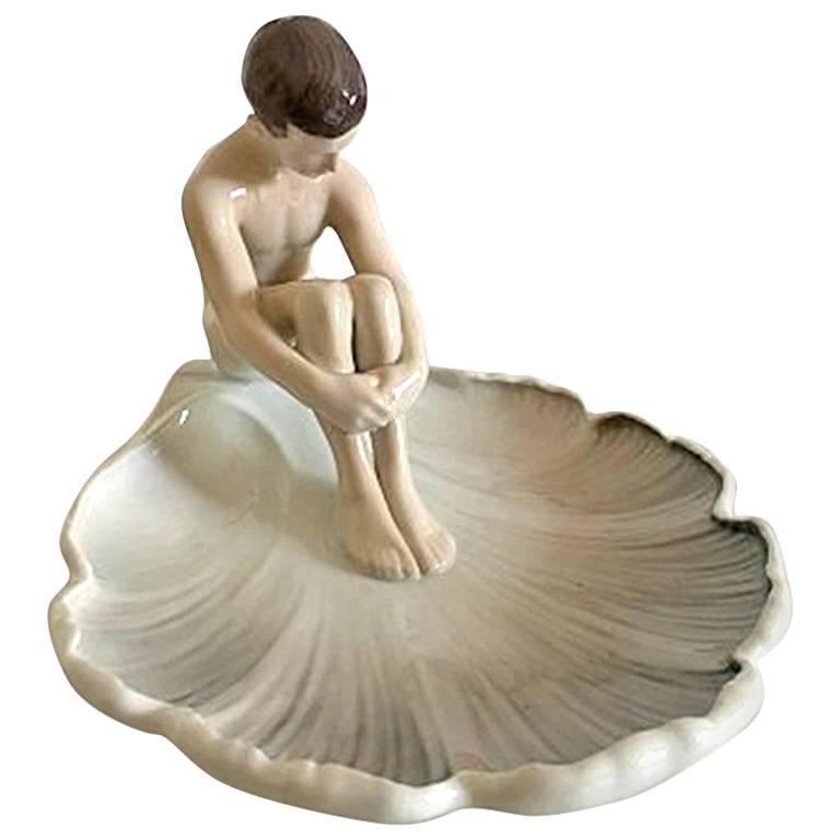 Bing & Grondahl Leaf shaped Art Nouveau Dish with Young Nude Man #1