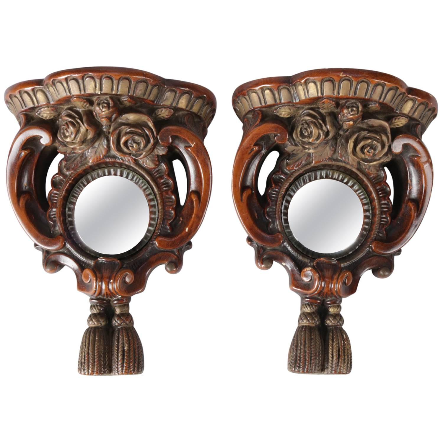 Pair of French Carved Hardwood Bullseye Mirrored Grain Painted Wall Sconces