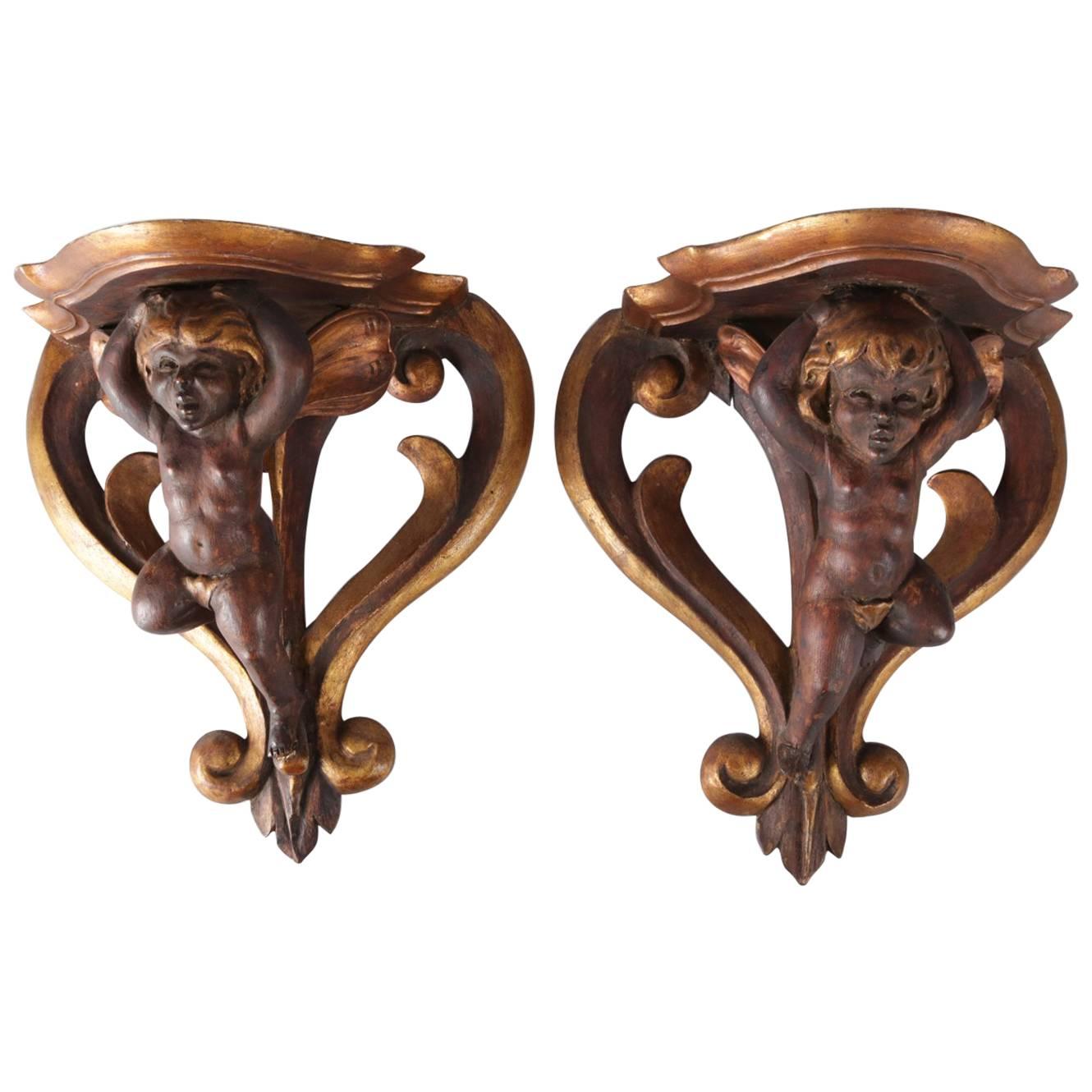 Pair of Antique Italian Baroque Cherub Painted and Gilt Gesso on Wood Sconces