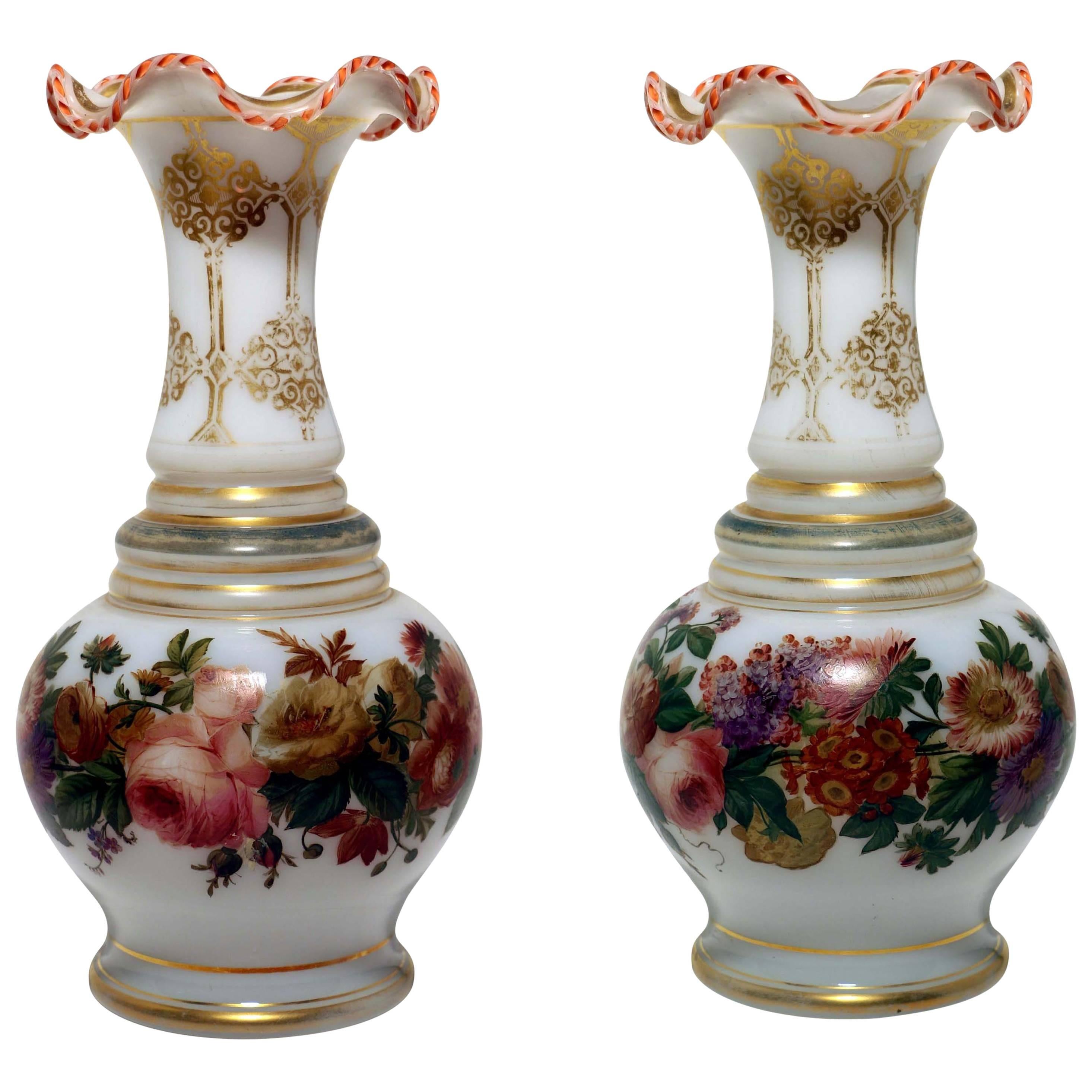 Pair of White Opeline Baluster Vases with Floral Band and Gilt For Sale