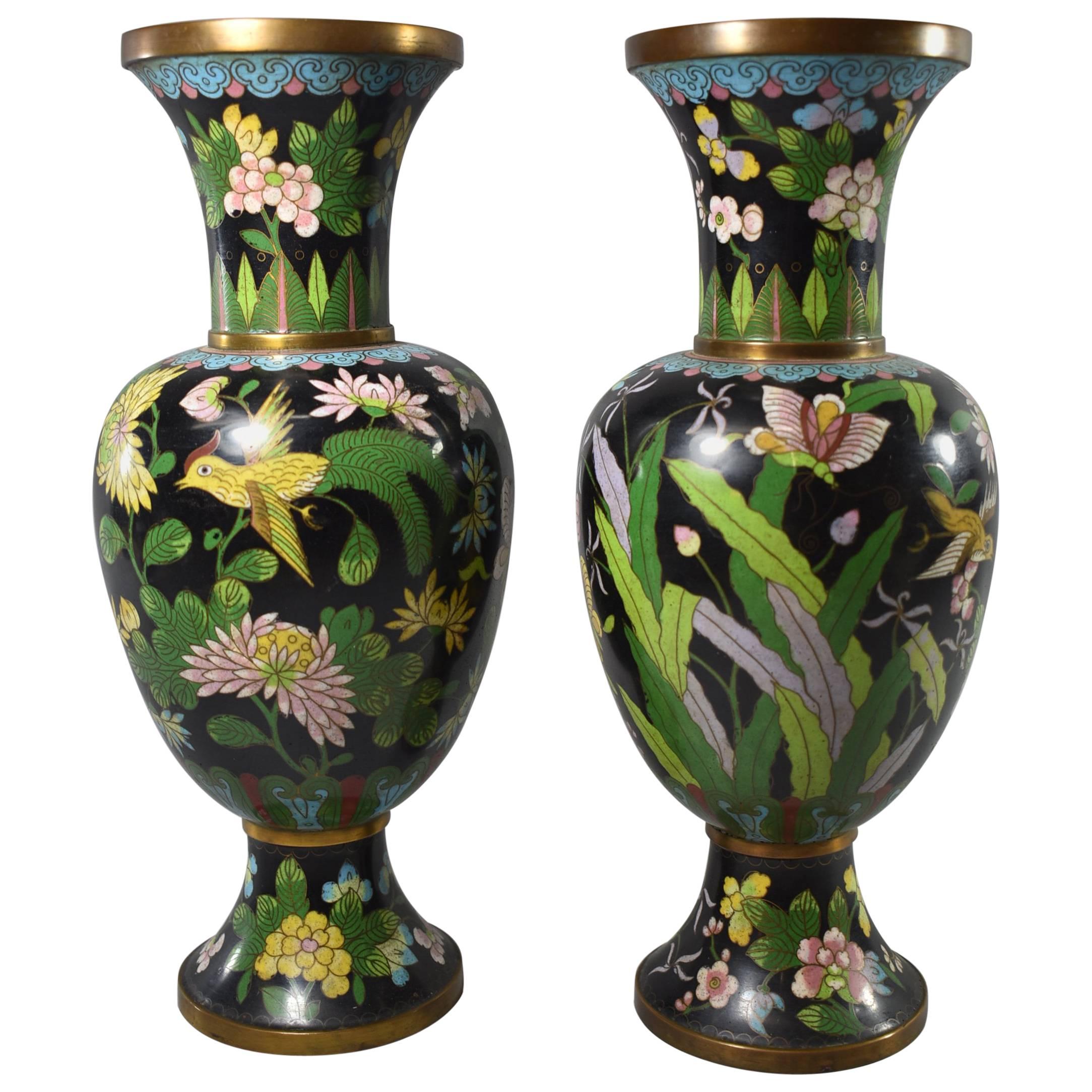 Pair of Black Chinese Cloisonne Vases with Birds and Butterflies