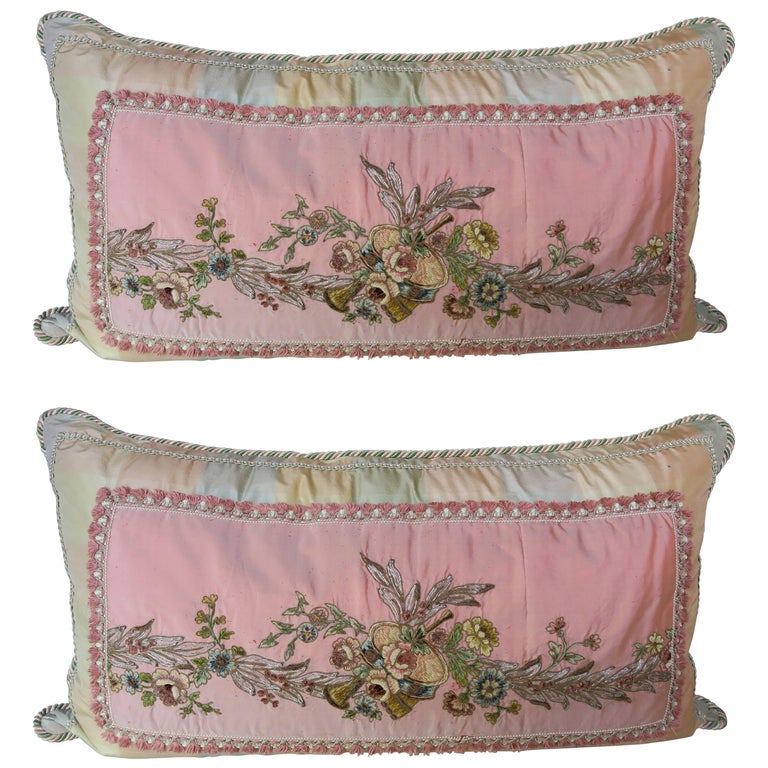 Pair Of Antique Metallic And Chenille Embroidered Pillows For Sale