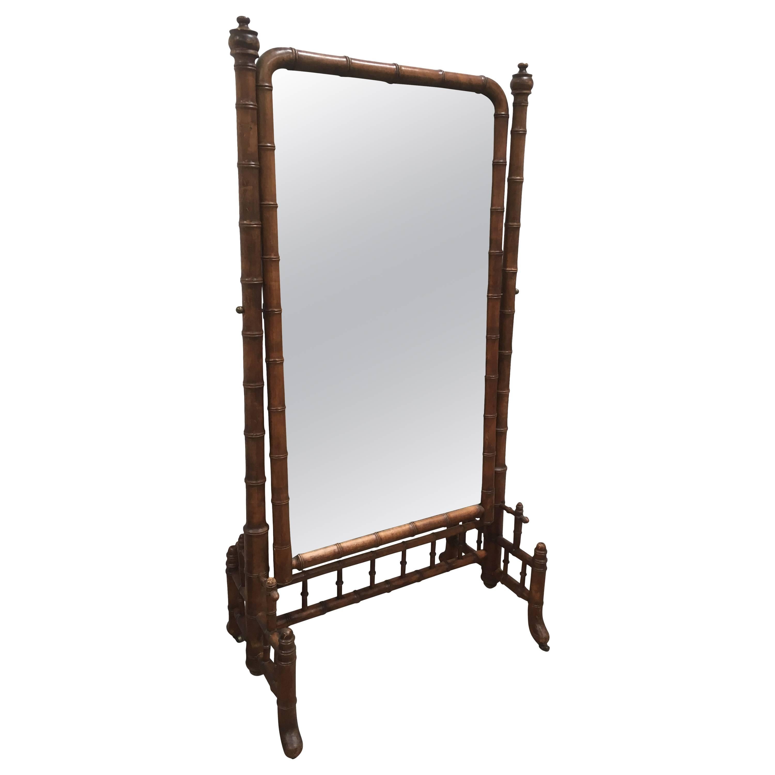 Late 1800s French Colonial Faux Bamboo Floor Mirror