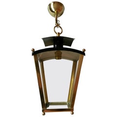 French Mid-Century Modern Brass and Black Lacquered Lantern Pendant