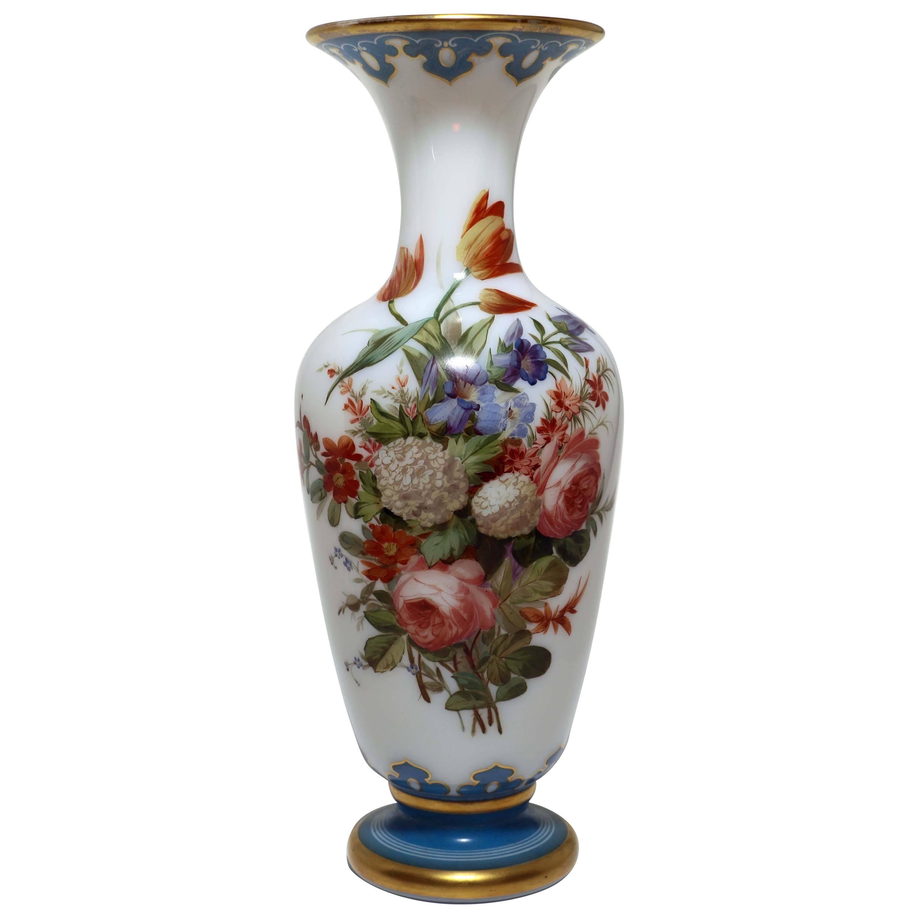 White Opaline Baccarat Glass Floral Painted Vase