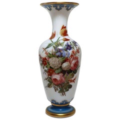 Used White Opaline Baccarat Glass Floral Painted Vase