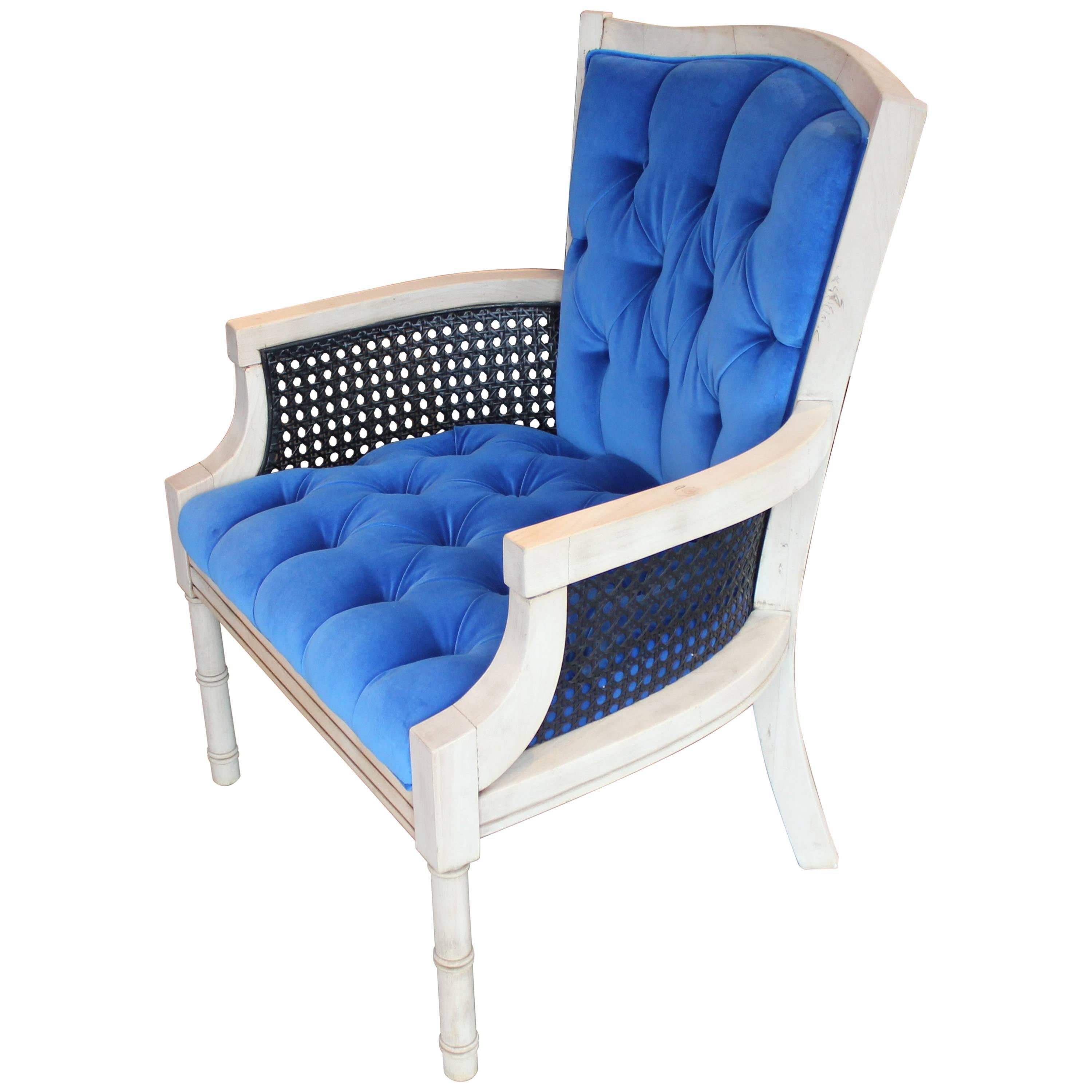 Modern French Tufted Blue Velvet Bleached Lounge Chair with Cane Sides