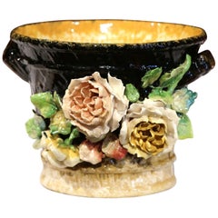 19th Century French Hand-Painted Barbotine Cache Pot with Flowers from Montigny