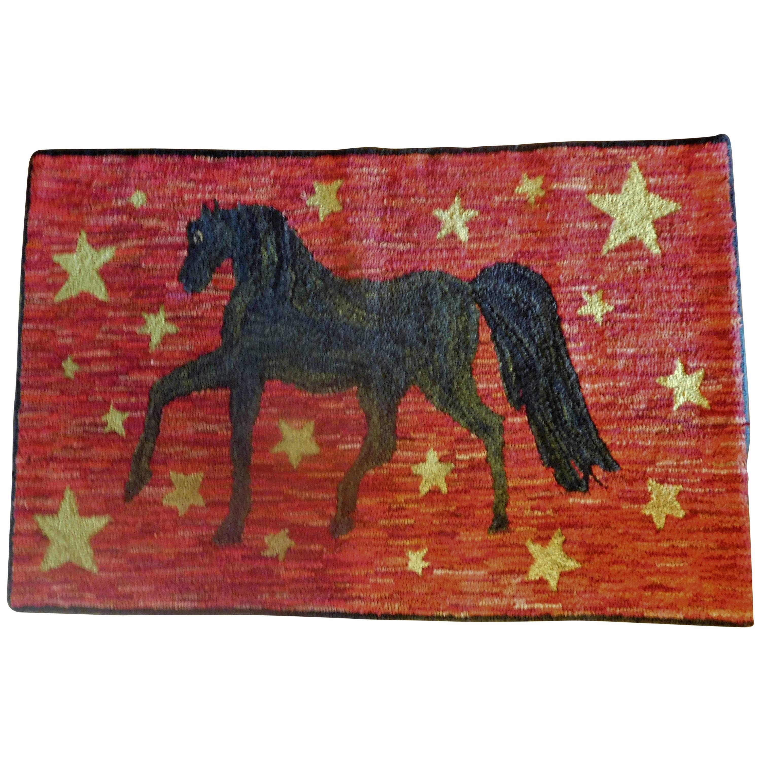 Prancing Morgan Horse on a Hooked Hearth Rug, American Folk Art, 19th Century For Sale