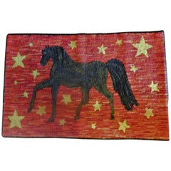 Antique Prancing Morgan Horse on a Hooked Hearth Rug, American Folk Art, 19th Century