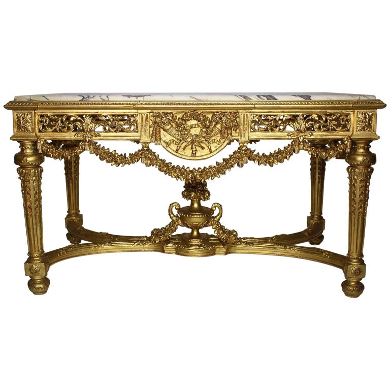 Fine French 19th-20th Century Louis XVI Style Giltwood Carved Centre Hall Table For Sale