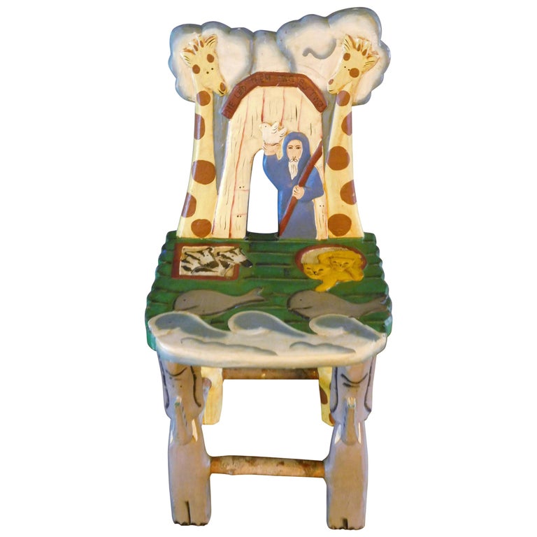 Folk Art Carved Child S Chair With Noah Animals Ark And Dove 20th Century