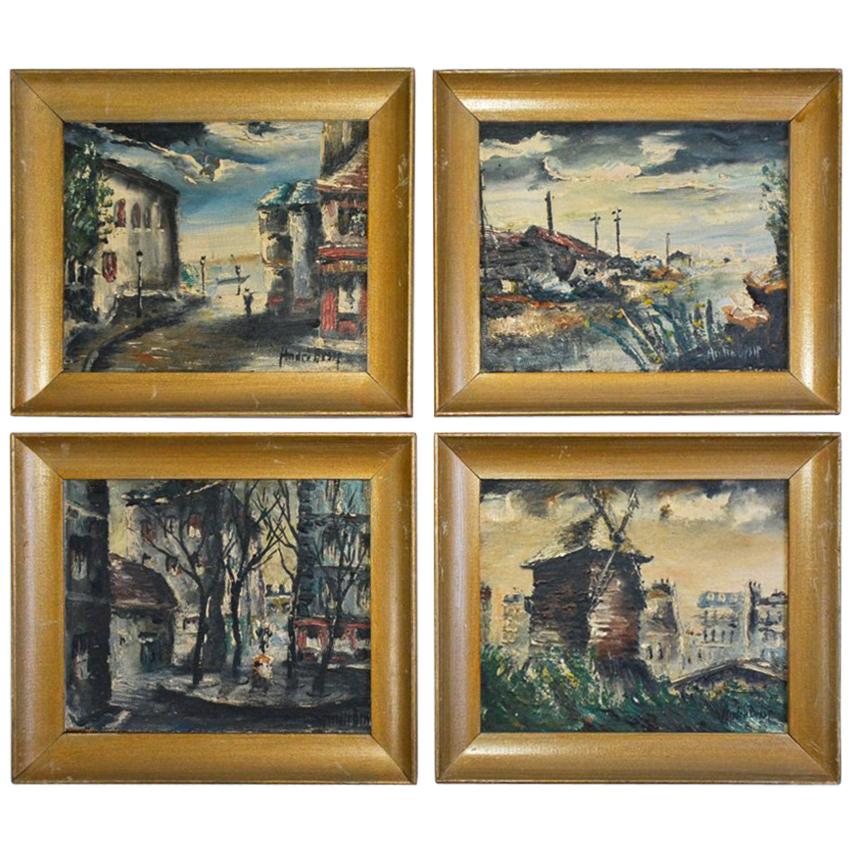 Quatre petits paysages parisiens du 20e siècle à l'huile par Andre Bessp en vente