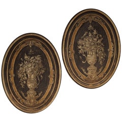 Pair of Large Painted Wooden Oval Panels from Florence, Italy