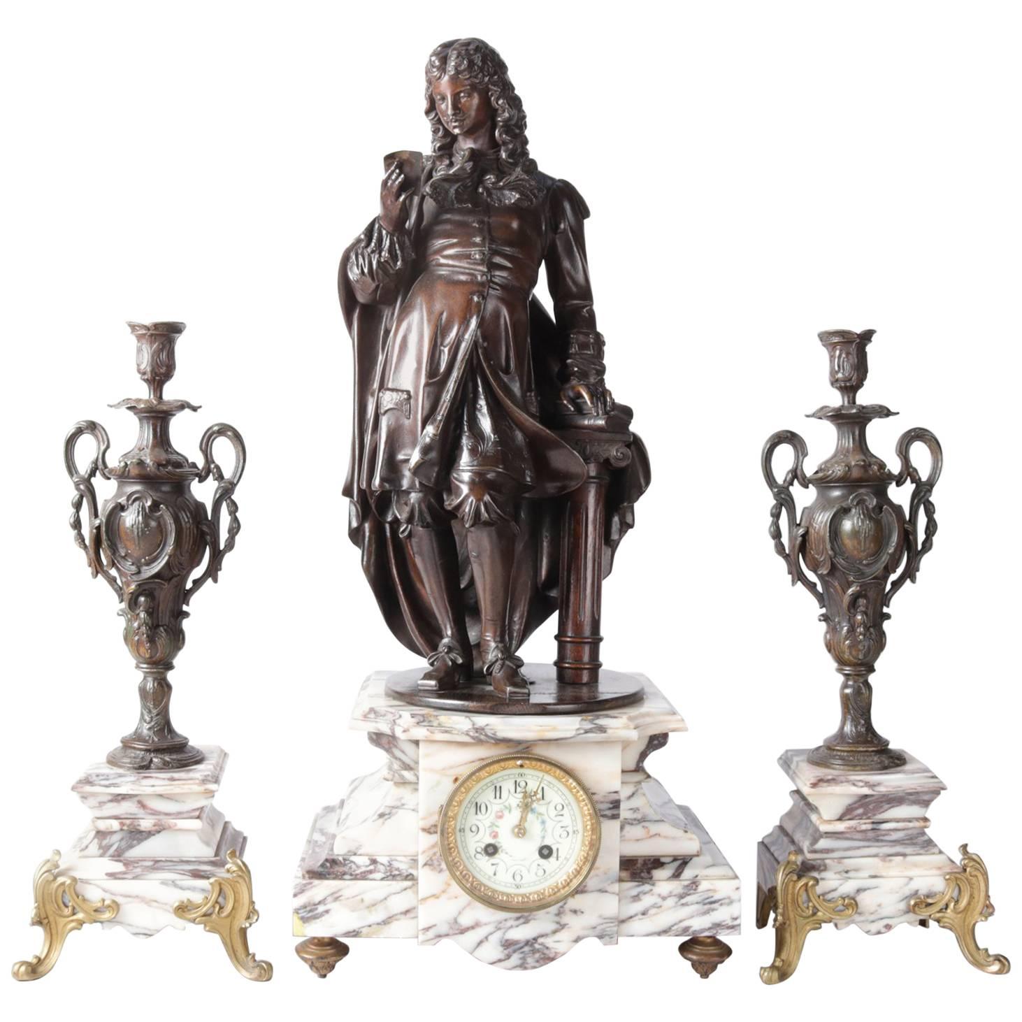 French Figural Bronzed and Marble Louis XIV Garniture Clock and Candles Set