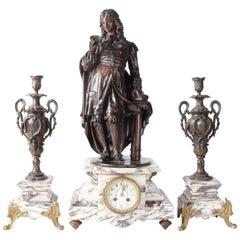 Vintage French Figural Bronzed and Marble Louis XIV Garniture Clock and Candles Set